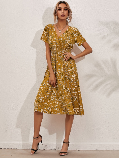 

URBANIC Mustard Yellow & White Floral Midi Wrap Dress