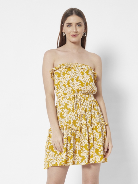 

URBANIC Mustard Yellow & Off White Floral Print Frilled Tube Dress