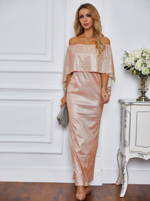 

URBANIC Champagne-Coloured Blingy & Sparkly Layered Maxi Gown Dress with Back Slit