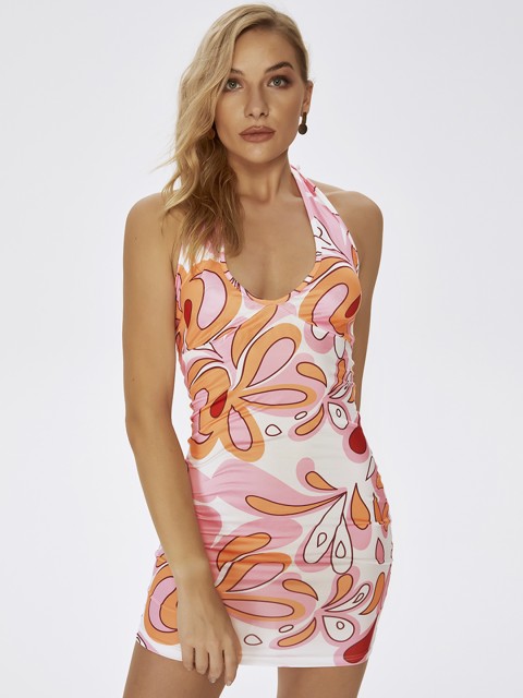 

URBANIC White & Pink Ethnic Motifs Print Bodycon Mini Dress