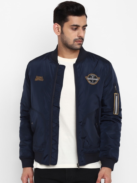 

Royal Enfield Men Navy Blue Geometric Bomber with Patchwork Jacket