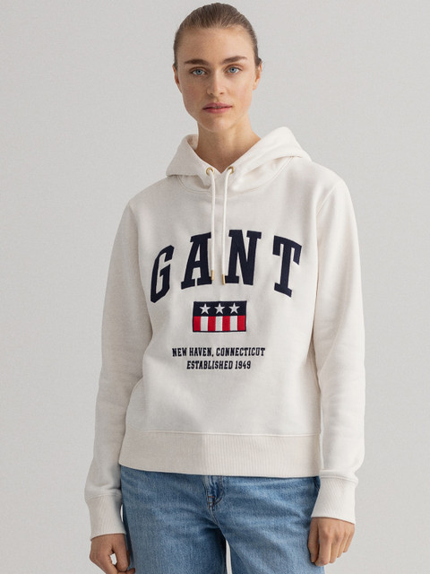 

GANT Women Off White & White Typography Printed Hooded Sweatshirt