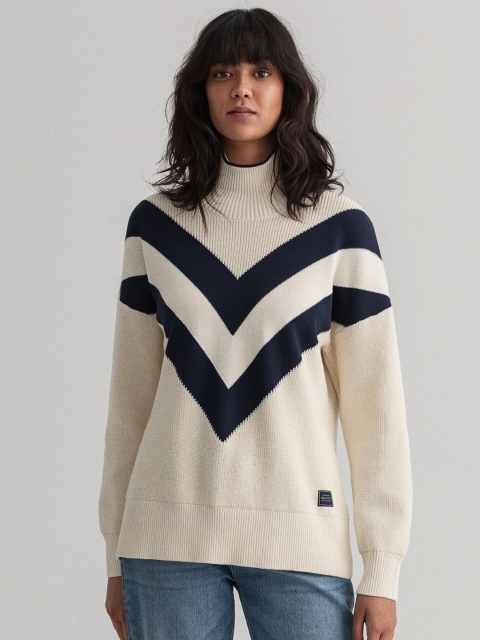 

GANT Women Cream-Coloured & Navy Blue Colourblocked Pure Cotton Pullover