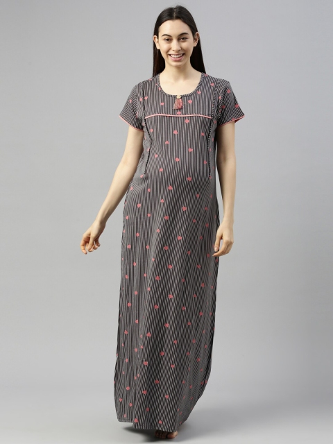 

GOLDSTROMS Women Brown Striped Maxi Maternity Nightdress, Coffee brown