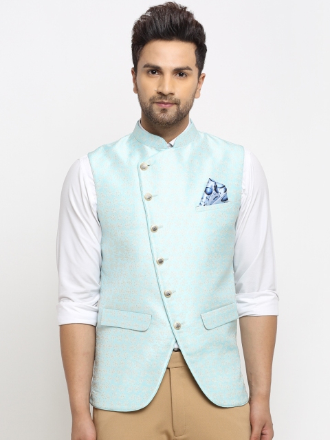 

LUXURAZI Men Turquoise Blue Floral Printed Nehru Jacket
