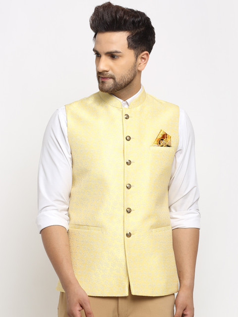 

LUXURAZI Men Pastel Yellow Waistcoat