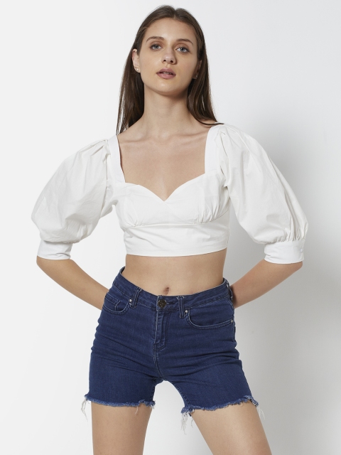 

URBANIC White Sweetheart Neck Smocked Crop Top