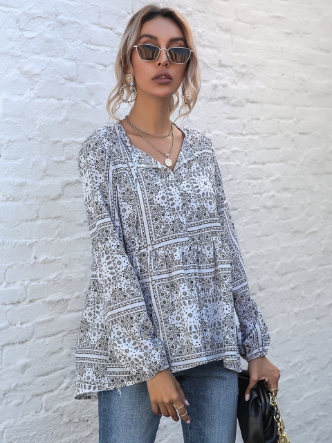 

URBANIC Women White & Black Paisley Print Tie-Up Neck Bishop Sleeves A-Line Top