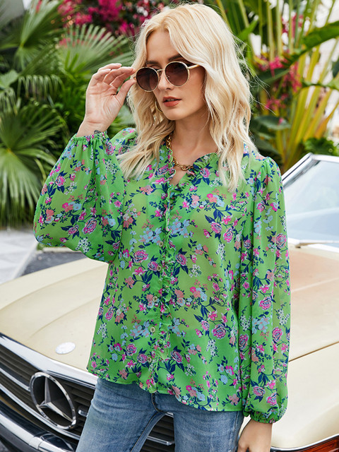 

URBANIC Green & Blue Floral Print Ruffles Top