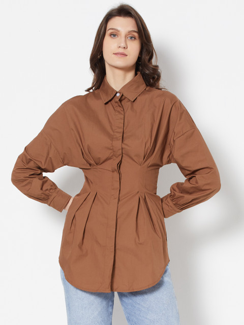 

URBANIC Women Brown Solid Cinched Waist Casual Shirt
