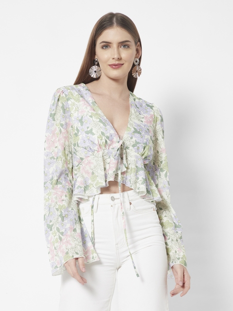 

URBANIC Green & Blue Floral Print Top with Tie-Ups