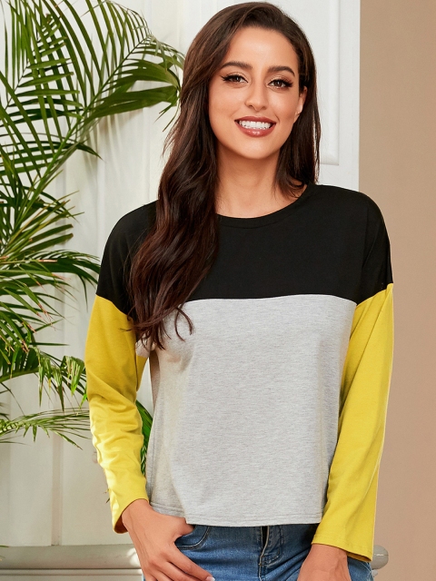 

URBANIC Women Grey Melange & Black Colourblocked Relaxed Fit T-shirt