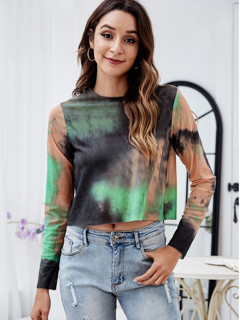 

URBANIC Women Green & Black Tie and Dye Crop Net T-shirt