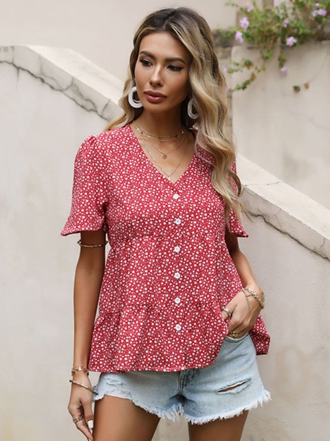 

URBANIC Red & White Ditsy Printed Ruffle Hem A-Line Top