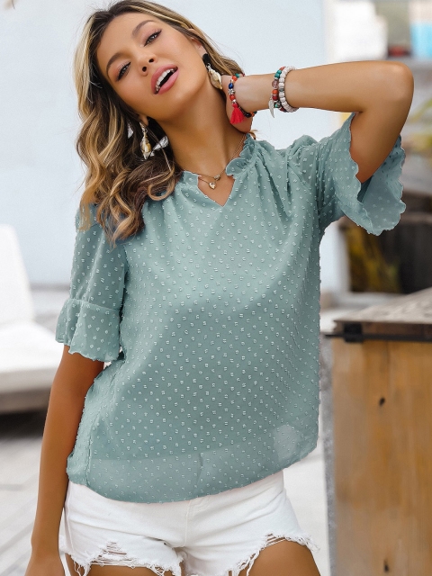 

URBANIC Blue Dobby Weave Frilled Collar Top