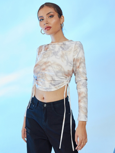 

URBANIC White & Blue Dyed Ruched Regular Top