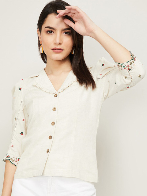 

CODE by Lifestyle Women Beige Solid Linen Shrug With Button Detail