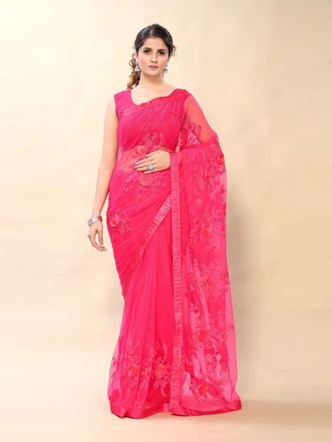 

Mitera Pink Floral Embroidered Net Saree