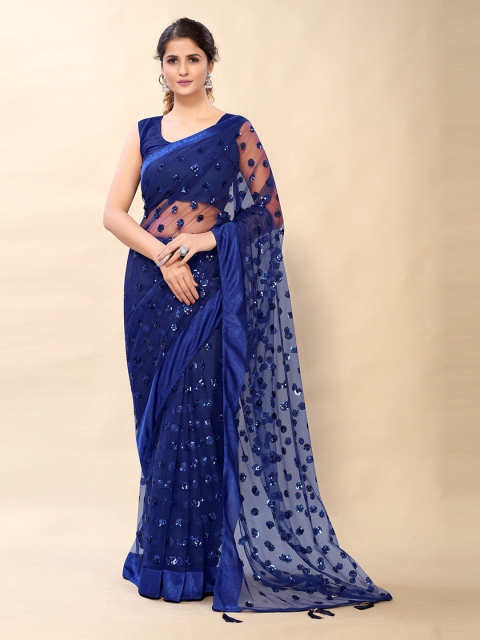 

Mitera Navy Blue Embellished Sequinned Net Saree