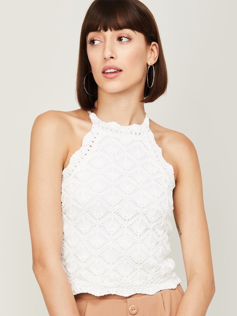 

Ginger by Lifestyle Off White Self Design Halter Neck Pure Cotton Regular Top