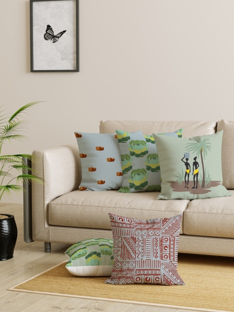 

EverHOME Set of 5 Green & White Ethnic Motifs Square Cushion Covers