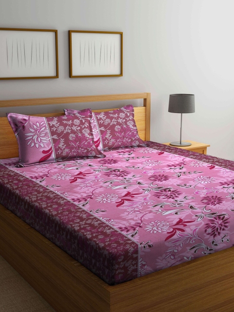 

KLOTTHE Pink & White Floral 210 TC Pure Cotton King Bedsheet with 2 Pillow Covers