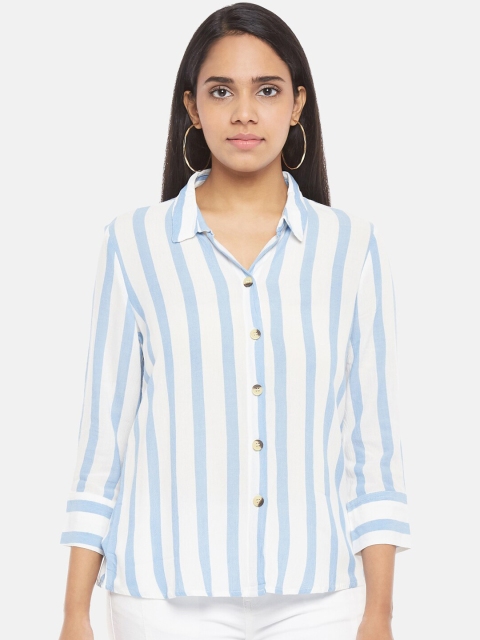 

Honey by Pantaloons Women White & Blue Opaque Striped Casual Shirt