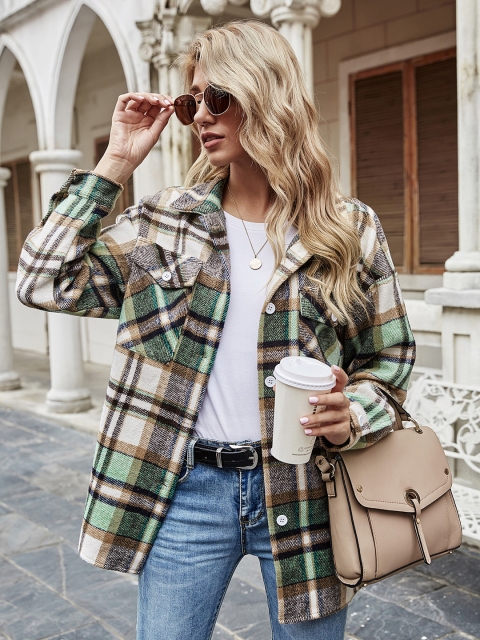 

URBANIC Women Green & Off White Checked Shacket