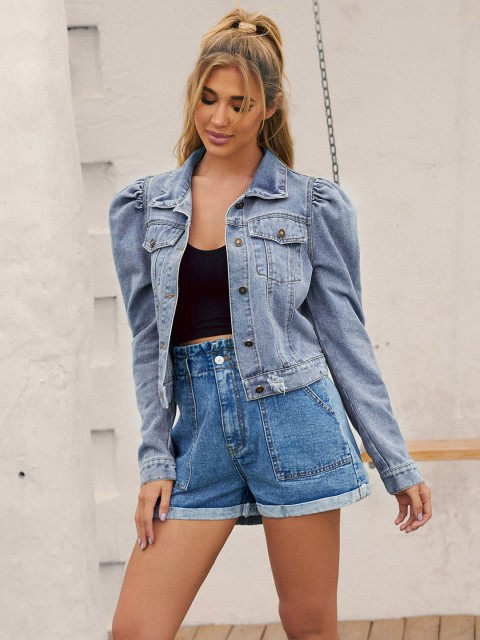 

URBANIC Women Blue Solid Low Distress Puff Sleeves Cotton Denim Jacket