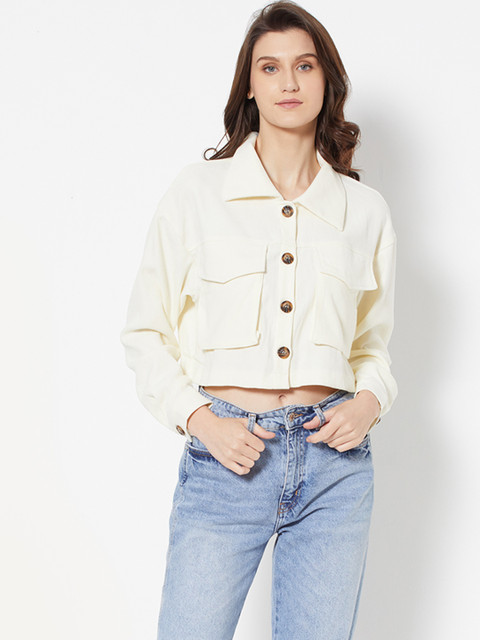 

URBANIC Women Off White Solid Cropped Jacket