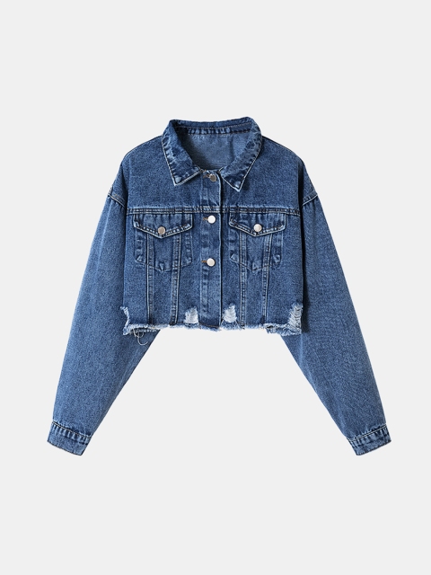 

URBANIC Women Blue Cotton Solid Raw Hem Crop Denim Jacket