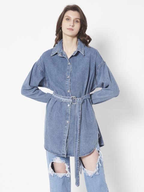 

URBANIC Women Blue Solid Cotton Denim Shacket with Belt