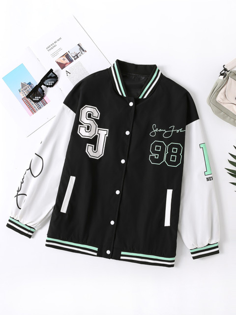 

URBANIC Women Black & White Typography Print Extra Relaxed Fit Varsity Jacket