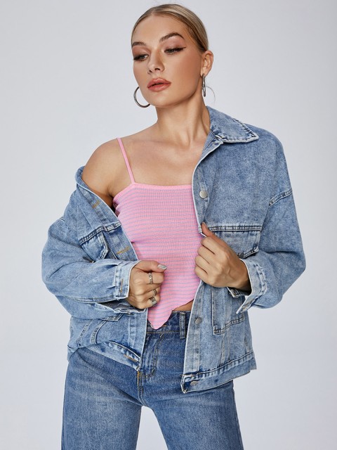 

URBANIC Women Blue Cotton Washed Oversized Denim Jacket with Typography Print Detail