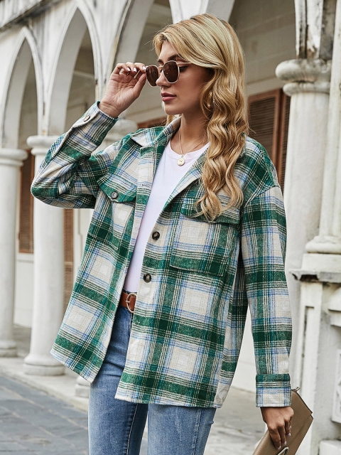 

URBANIC Women Green & White Checked Shacket