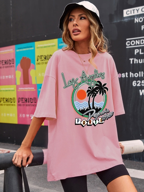 

URBANIC Women Pink & Green Pure Cotton Printed Drop-Shoulder Sleeves T-shirt