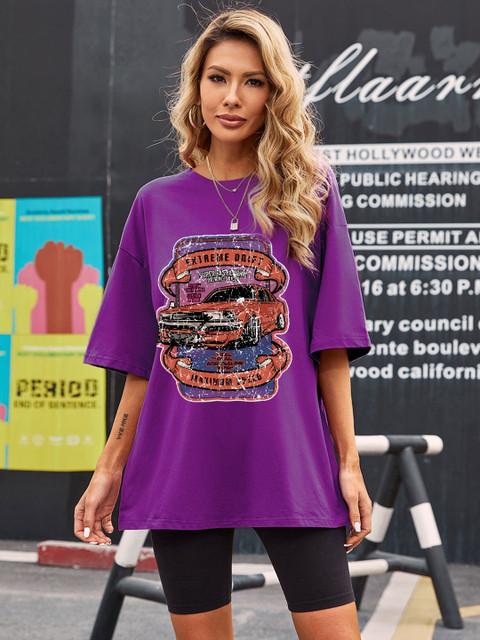 

URBANIC Women Purple & Brown Printed Cotton Oversized T-shirt