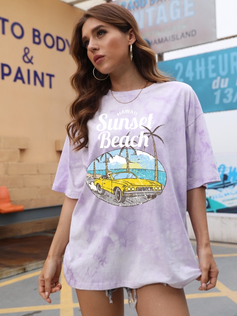 

URBANIC Women Purple & Yellow Typography Dyed Effect T-shirt