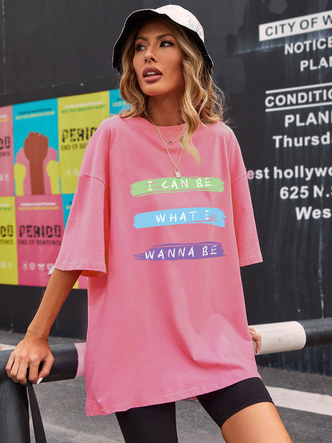 

URBANIC Women Pink Cotton Typography Printed Drop-Shoulder Sleeves T-shirt