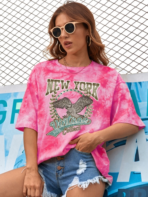 

URBANIC Women Pink & White Extra-Relaxed Fit Typography Printed Tie & Dye T-shirt