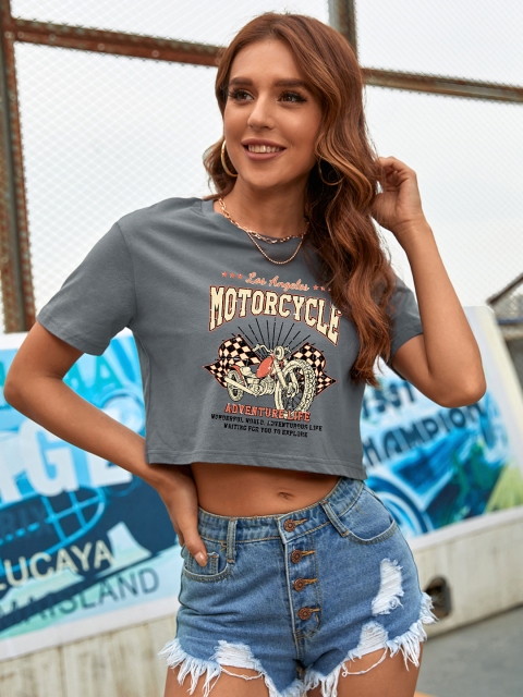 

URBANIC Women Grey Cotton Printed Crop T-shirt