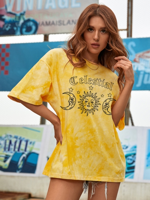 

URBANIC Women Yellow & Black Print Detail Dyed Drop-Shoulder Sleeves Cotton T-shirt