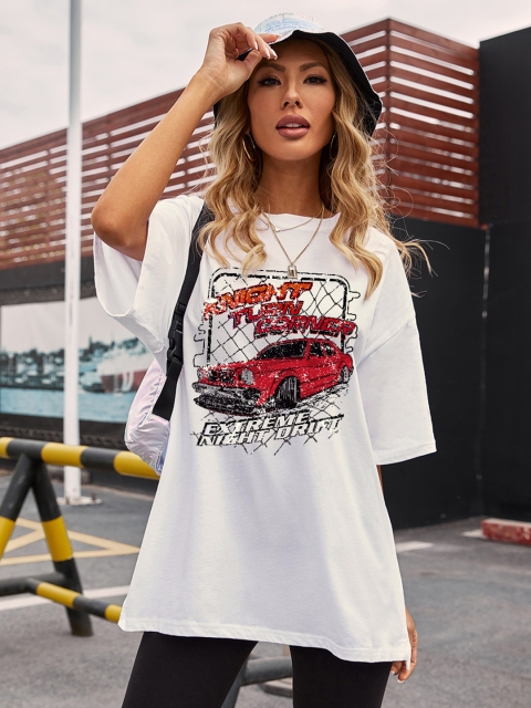 

URBANIC Women White Printed Drop-Shoulder Sleeves T-shirt