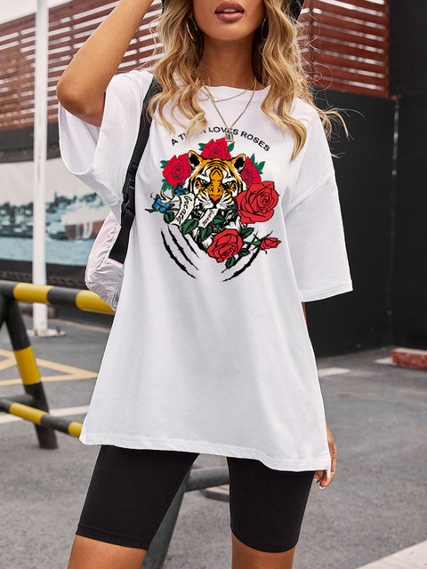 

URBANIC Women White Printed Drop-Shoulder Sleeves T-shirt