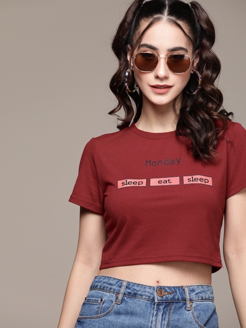 

URBANIC Women Maroon Typography Printed Crop T-shirt