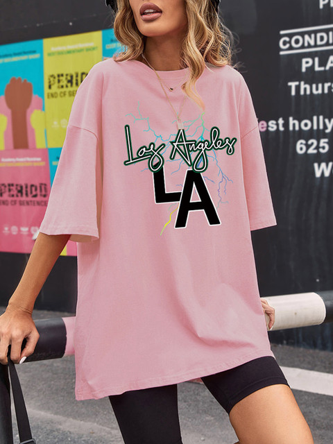 

URBANIC Women Pink Typography Printed Drop-Shoulder Sleeves T-shirt