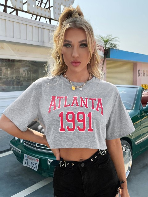 

URBANIC Women Grey Melange & Red Typography Printed T-shirt