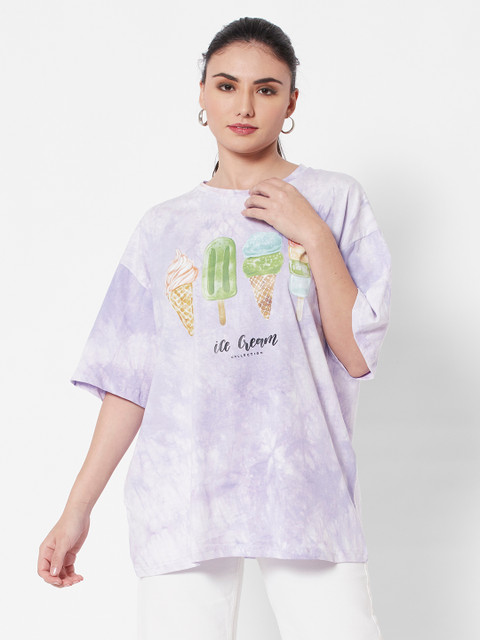

URBANIC Women Lavender & White Graphic Printed Drop-Shoulder Sleeves T-shirt