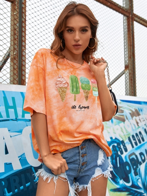 

URBANIC Women Orange Cotton Dyed Effect Drop-Shoulder Sleeves T-shirt