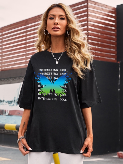 

URBANIC Women Black & Blue Butterfly Print Pure Cotton T-shirt